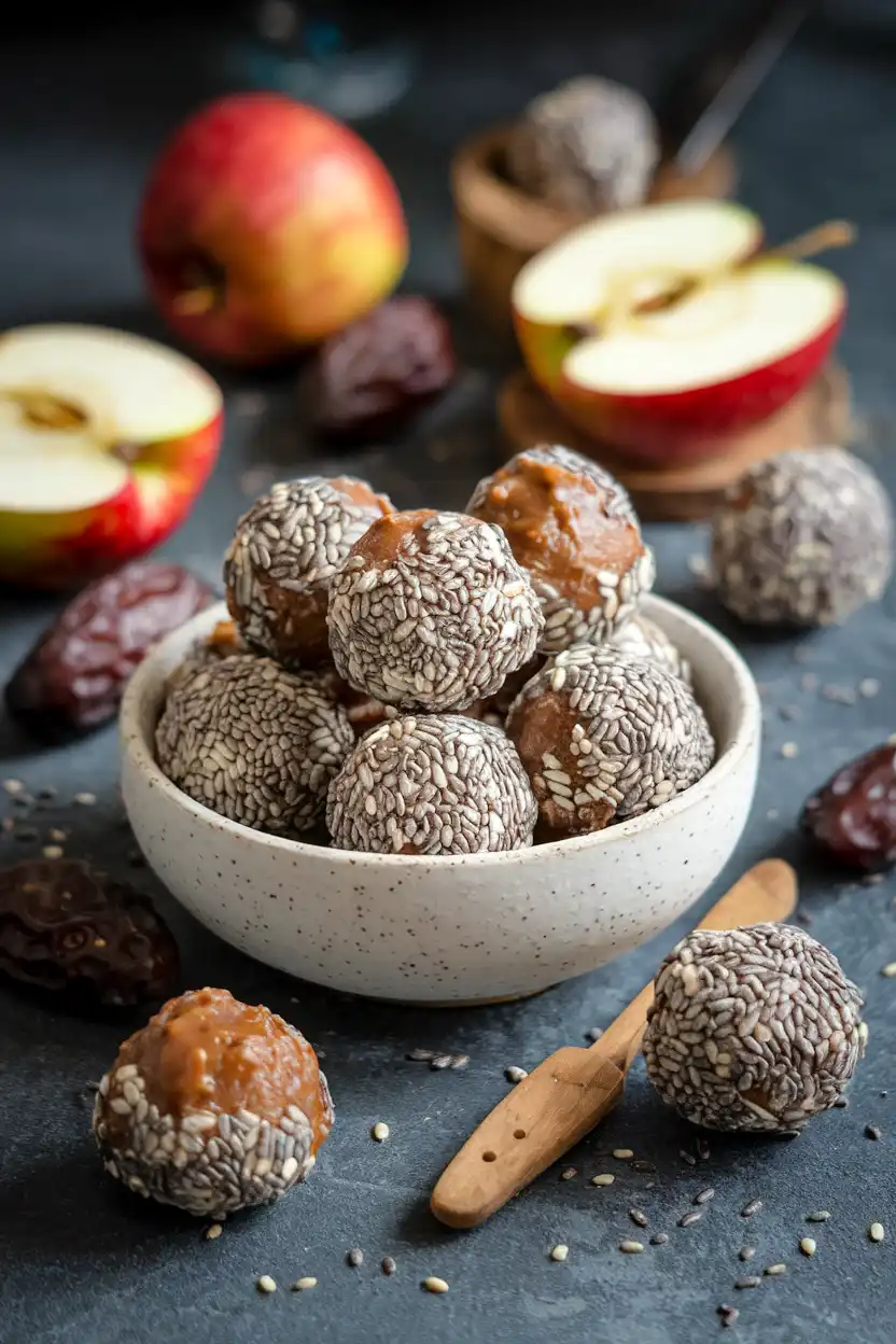 Apple-Date Energy Bites are made with chopped apples, dates, oats, and a hint of cinnamon rolled into bite-sized balls.