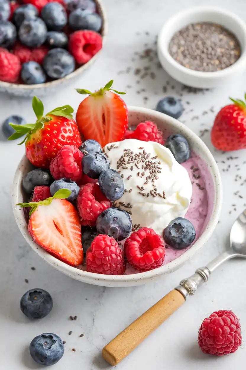 Berry Medley Bowl filled with fresh strawberries, blueberries, raspberries, and blackberries, topped with a sprinkle of granola.