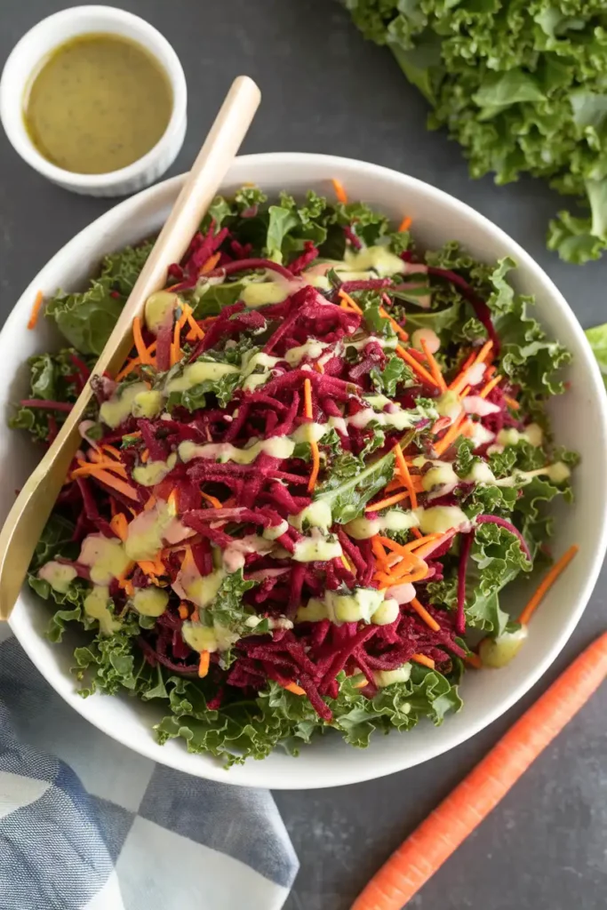 Raw Vegetable Salad made with kale, carrots, and beets, topped with a tangy dressing.