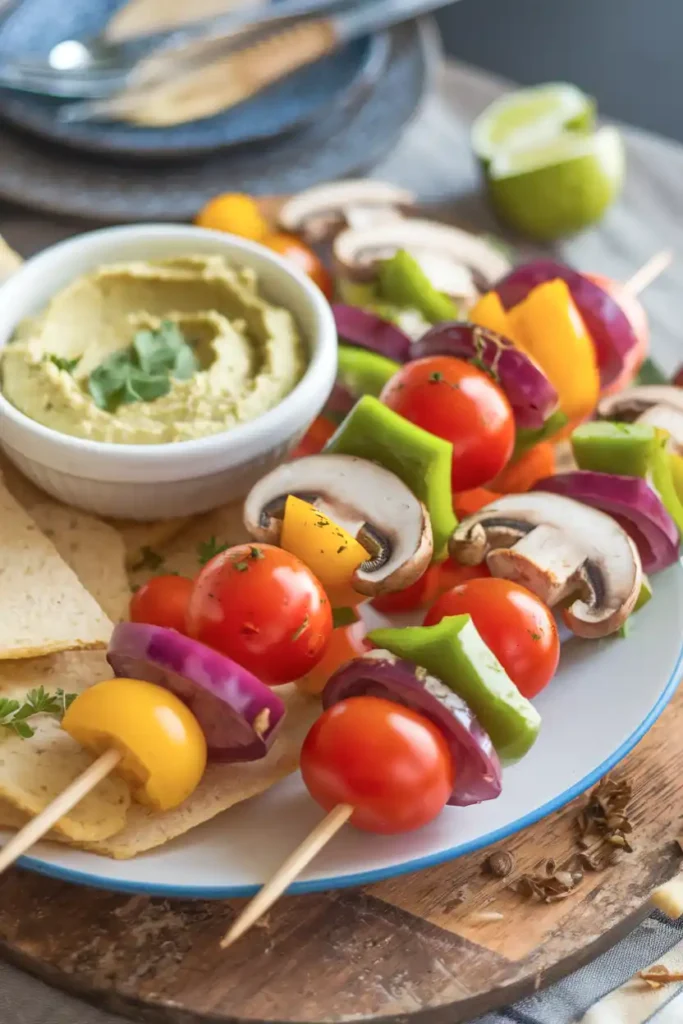 Raw Vegetable Skewers featuring cherry tomatoes, mushrooms, and bell peppers, served with a side of hummus and guacamole.