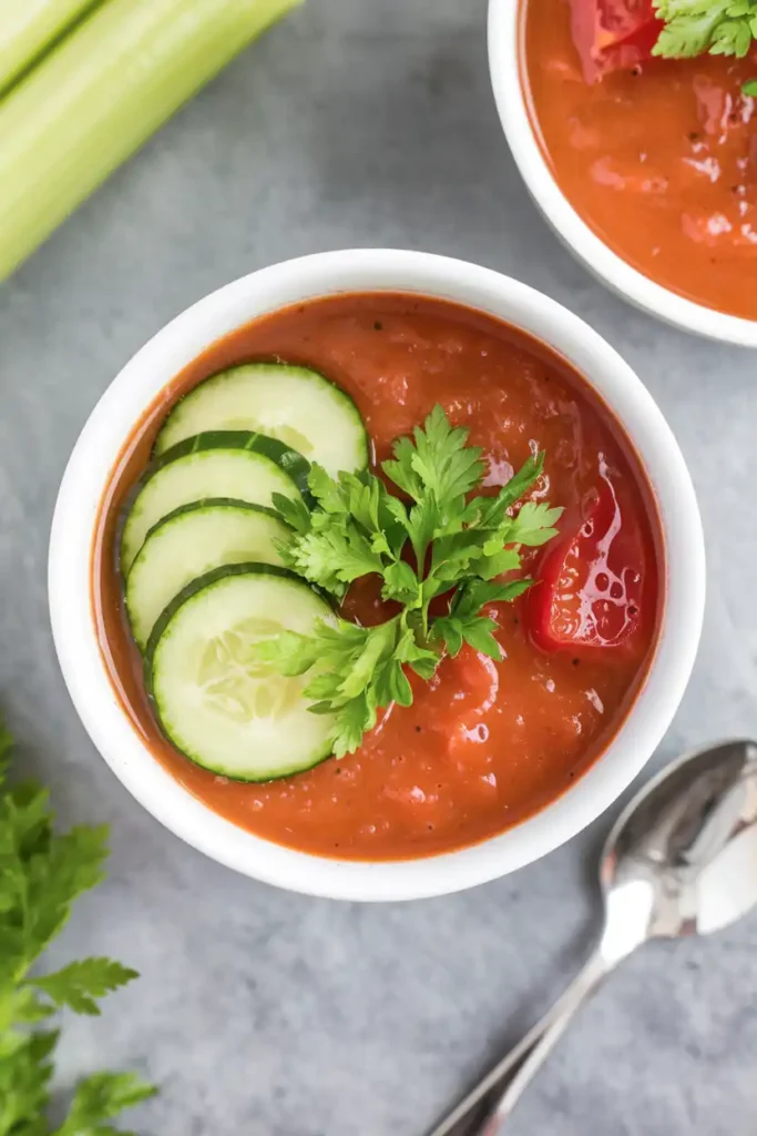 Chilled Raw Vegetable Soup made from cucumbers, celery, and tomatoes, perfect for a light and refreshing meal.