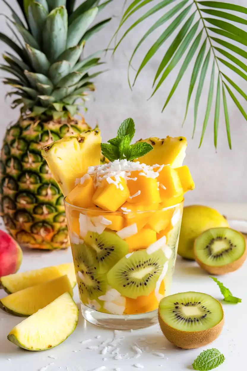 Tropical Paradise Cups filled with a refreshing mix of mango, pineapple, and kiwi, garnished with coconut flakes and a slice of lime.