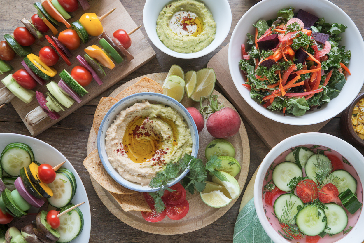 A colorful assortment of raw food recipes: Raw Vegetable Skewers with cherry tomatoes, mushrooms, bell peppers, and zucchini, paired with hummus and guacamole; a Raw Vegetable Salad with kale, carrots, beets, and a tangy dressing; and a Chilled Raw Vegetable Soup made with cucumbers, celery, tomatoes, and herbs, garnished with olive oil, all beautifully arranged on a rustic wooden table.